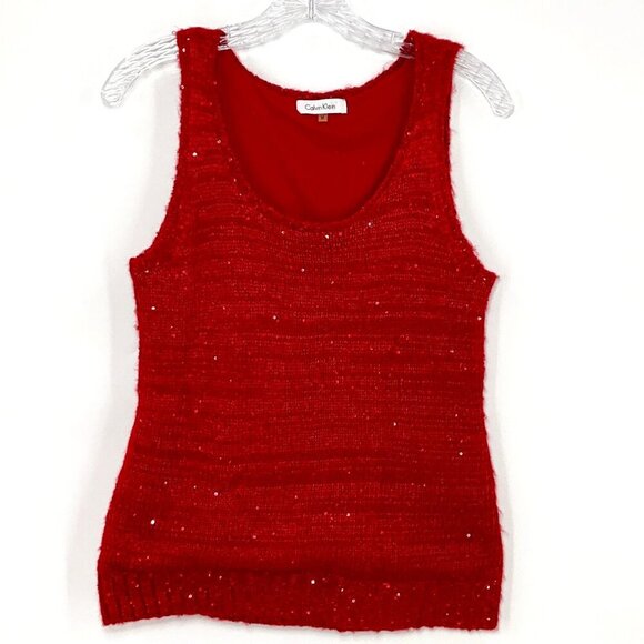 Calvin Klein Tank Top Women M Red Sequin Knit‎ Lined Celebration Festival - Picture 1 of 8
